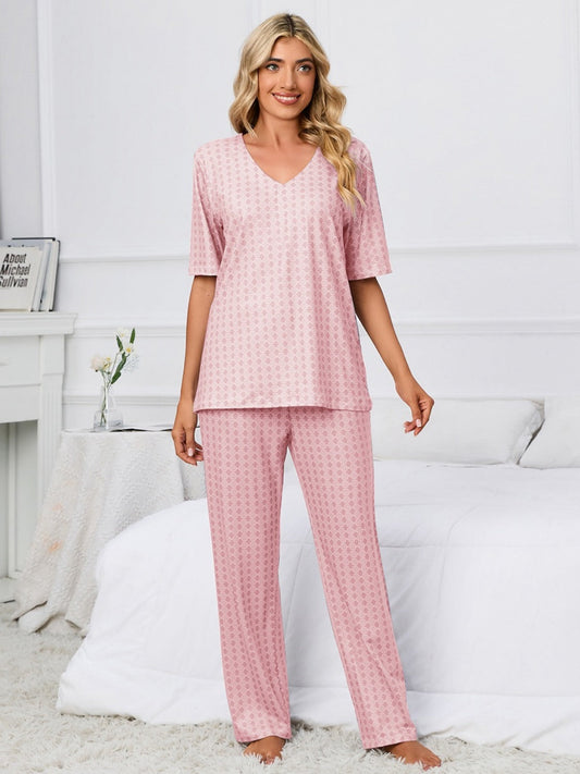 Printed V-Neck Top and Pants Lounge Set - Whimsical Appalachian Boutique