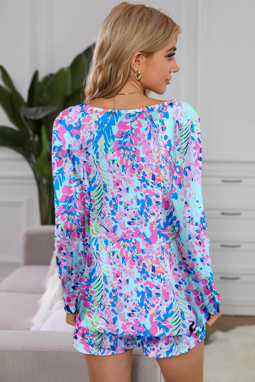 Round Neck Printed Long Sleeve Lounge Set - Whimsical Appalachian Boutique