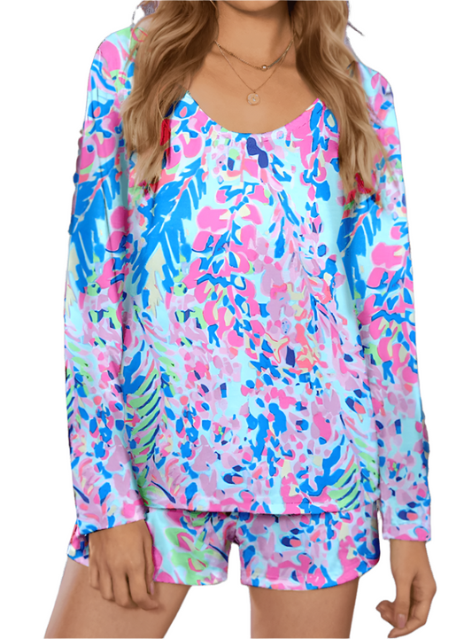 Round Neck Printed Long Sleeve Lounge Set - Whimsical Appalachian Boutique