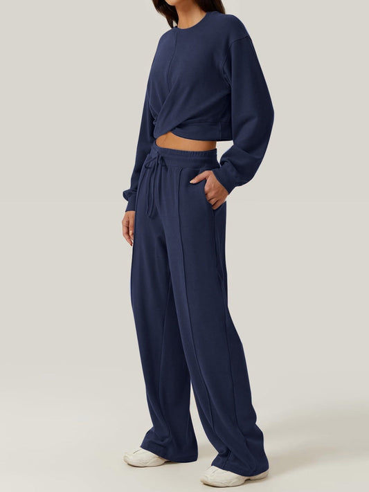 Crisscross Round Neck Top & Drawstring Pants Set