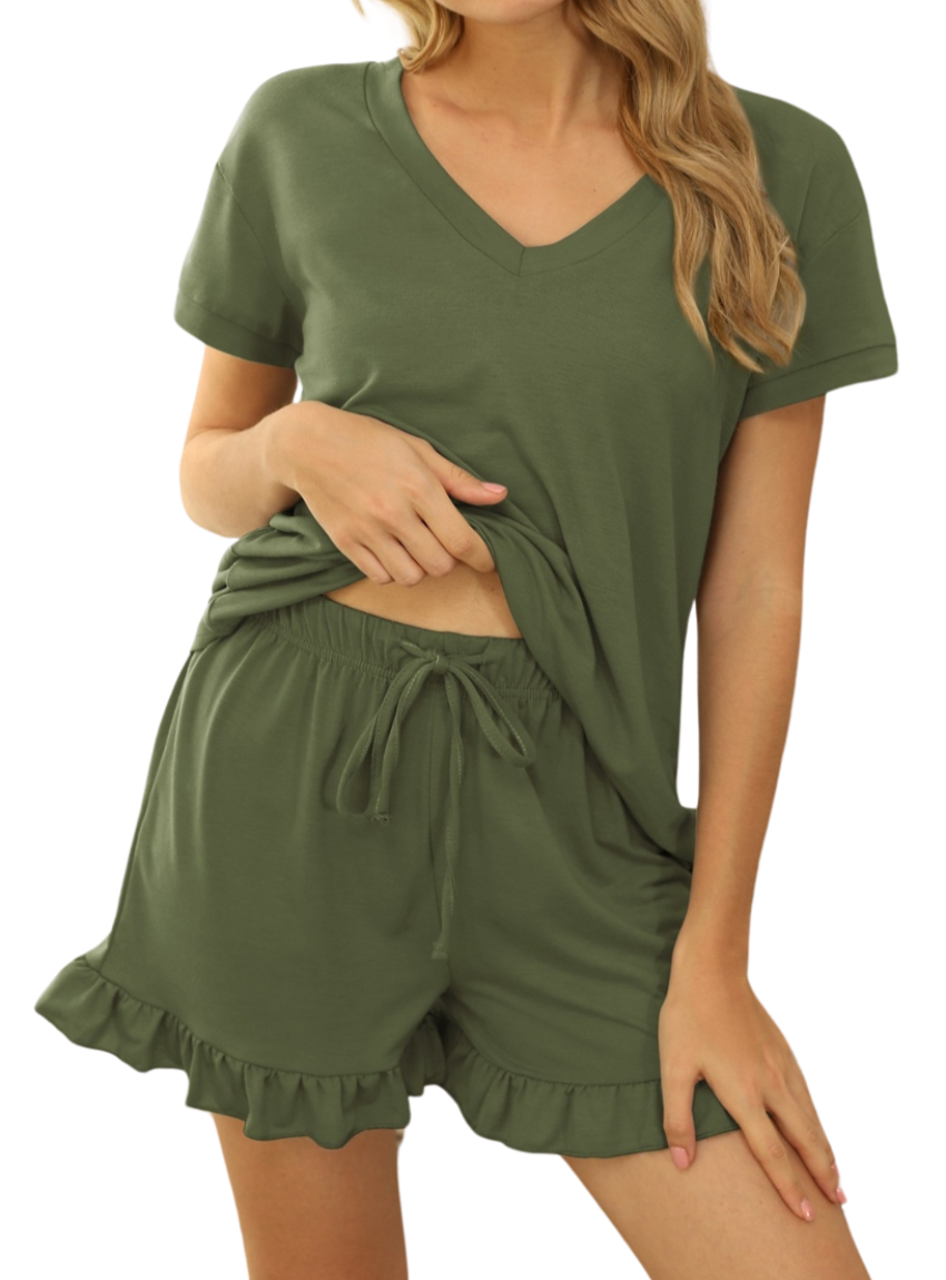 V-Neck Top and Drawstring Shorts Lounge Set - Whimsical Appalachian Boutique