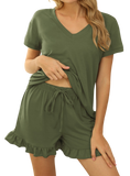 V-Neck Top and Drawstring Shorts Lounge Set - Whimsical Appalachian Boutique