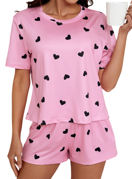 Heart Print Short Sleeve Pajama Set - Whimsical Appalachian Boutique