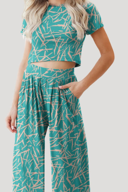 Printed Round Neck Short Sleeve Top and Pants Set - Whimsical Appalachian Boutique