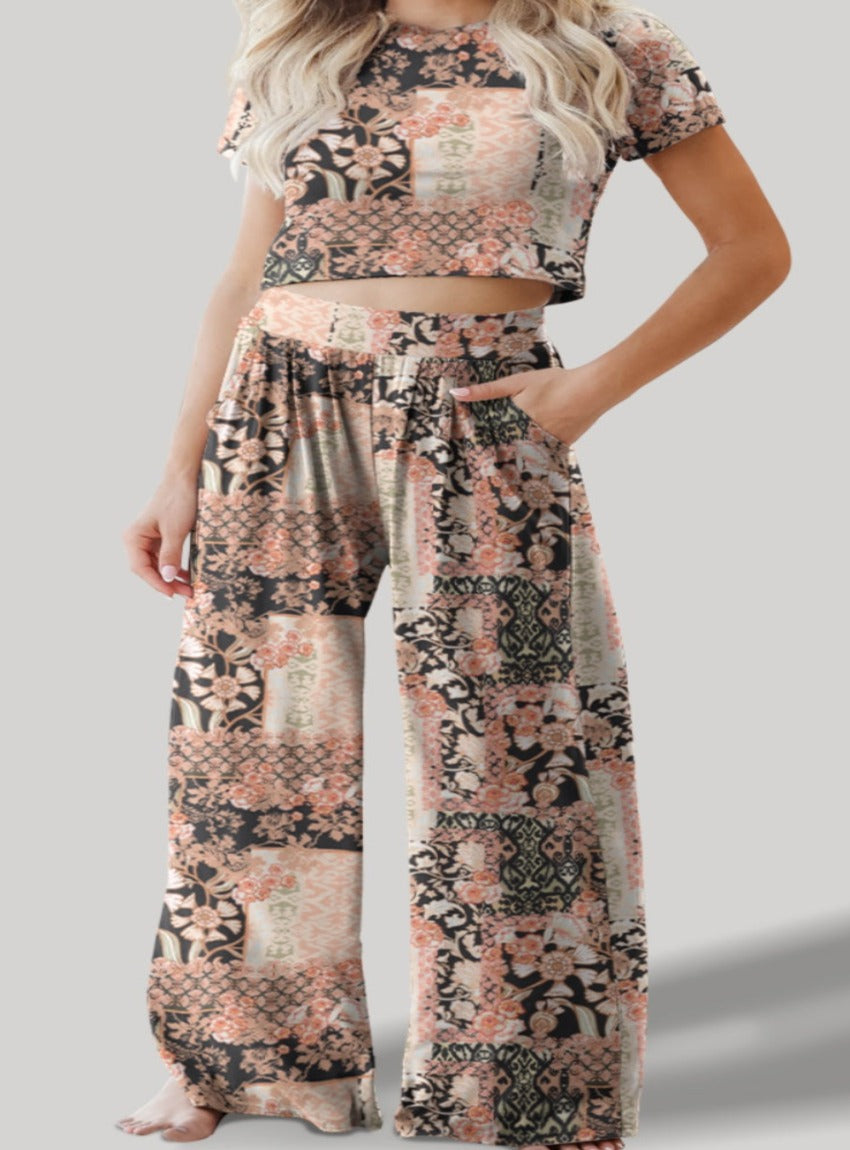 Printed Round Neck Short Sleeve Top and Pants Set - Whimsical Appalachian Boutique