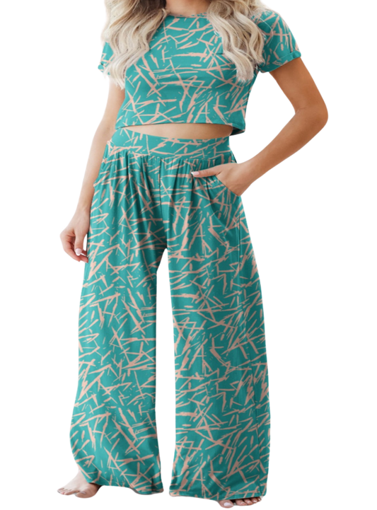 Printed Round Neck Short Sleeve Top and Pants Set - Whimsical Appalachian Boutique