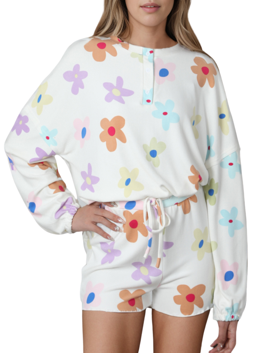 Printed Quarter Button Long Sleeve Pajama Set - Whimsical Appalachian Boutique