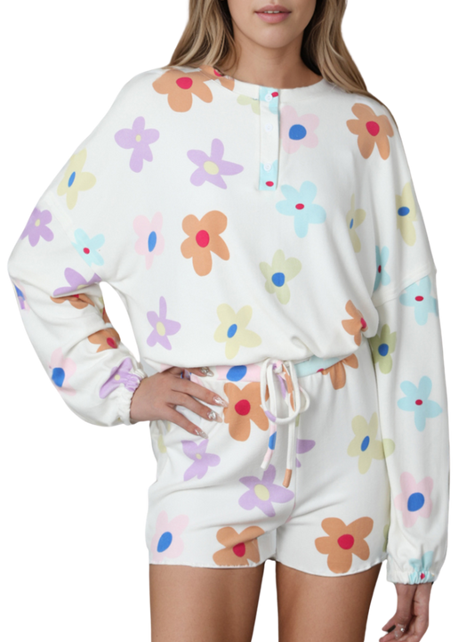 Printed Quarter Button Long Sleeve Pajama Set - Whimsical Appalachian Boutique