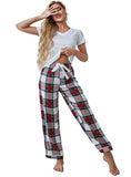 V-Neck Tee and Plaid Pants Lounge Set - Whimsical Appalachian Boutique