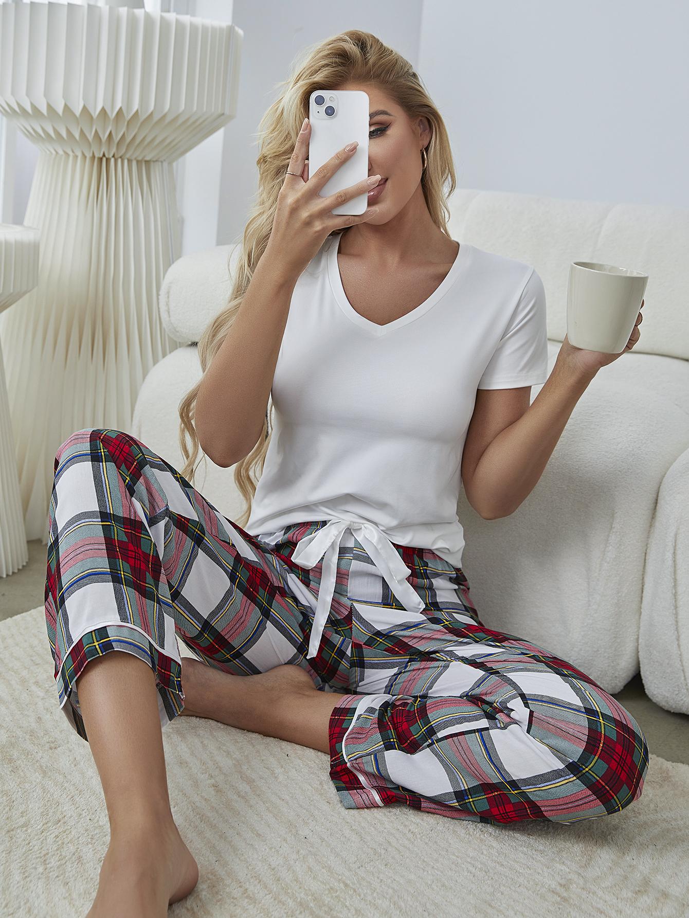 V-Neck Tee and Plaid Pants Lounge Set - Whimsical Appalachian Boutique