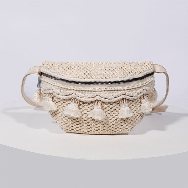 Esme Crochet Tassel Sling Bag with woven straw exterior and macrame tassels