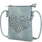 Light blue crossbody bag with decorative heart cutout and adjustable strap