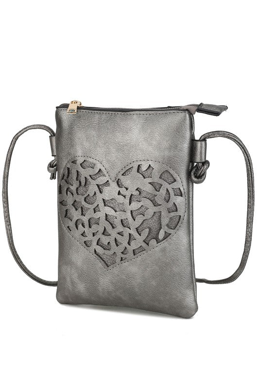 Soft gray crossbody bag with stylish heart cutout