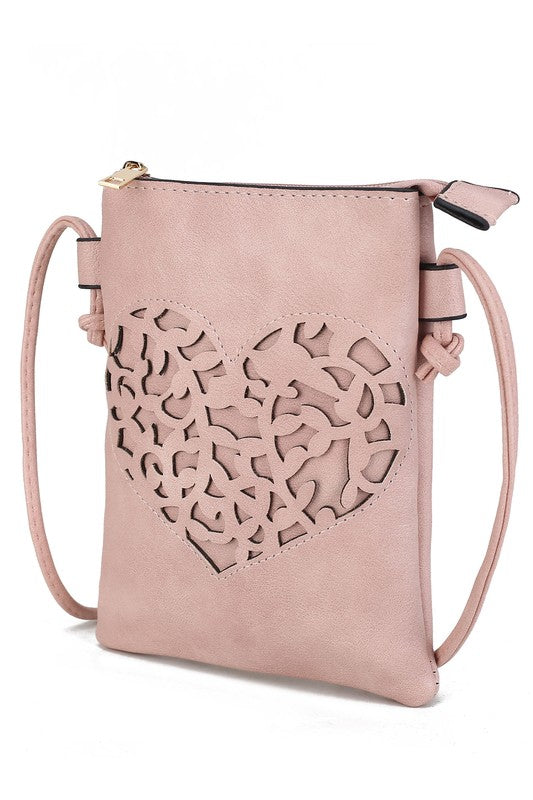 Pink crossbody bag with heart cutout and durable material