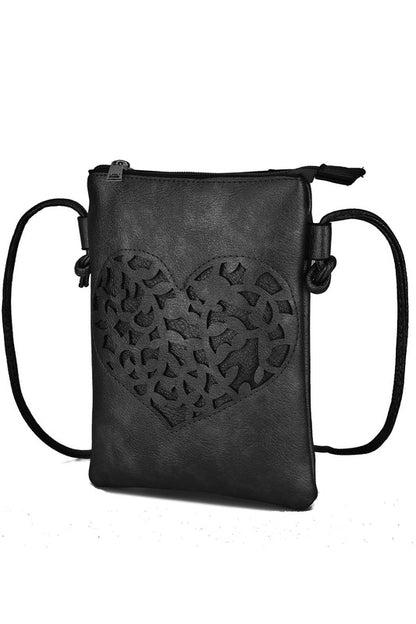 Classic black crossbody bag featuring a heart cutout pattern