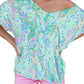 Colorful off-shoulder top with vibrant abstract print
