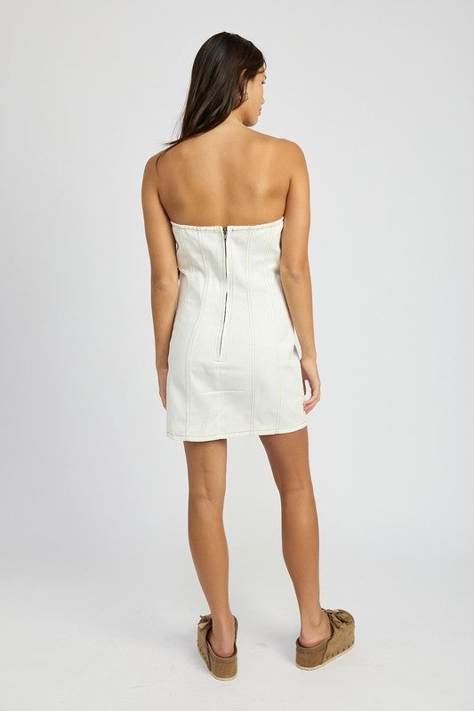 Elegant white dress with a strapless design, rose detail, and comfortable fit.