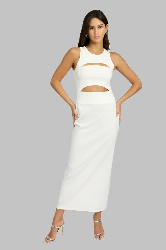 White cutout maxi dress with sleeveless design and back view