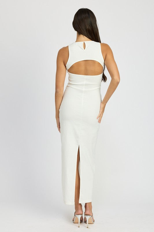 White cutout dress with sleeveless design and maxi length