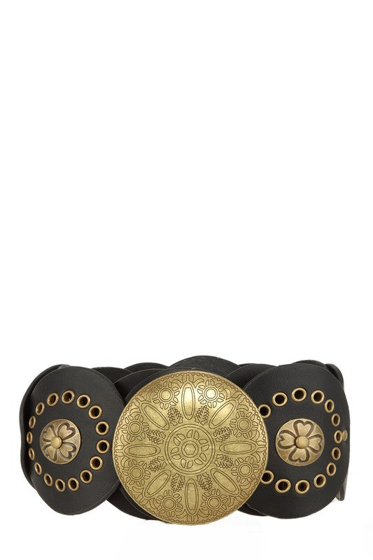 Black Western Cowboy wide belt featuring intricate gold-tone designs and large medallion buckle.