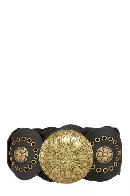 Black Western Cowboy wide belt featuring intricate gold-tone designs and large medallion buckle.