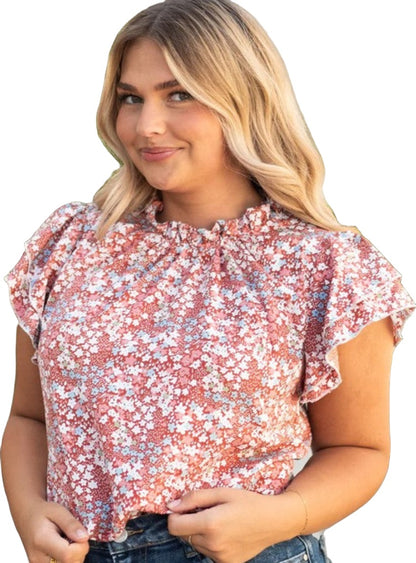 Red floral ruffle sleeve top with gathered neckline.