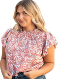 Red floral ruffle sleeve top with gathered neckline.