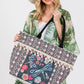 Artistic tote bag with colorful beaded dragonfly and floral design, and tassel trim