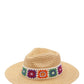 Straw sun hat featuring bright, intricate embroidery.