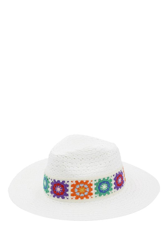 Wide-brimmed hat with colorful floral embroidery for summer.