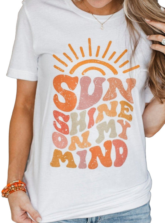 White graphic tee with vibrant Sunshine on My Mind text design