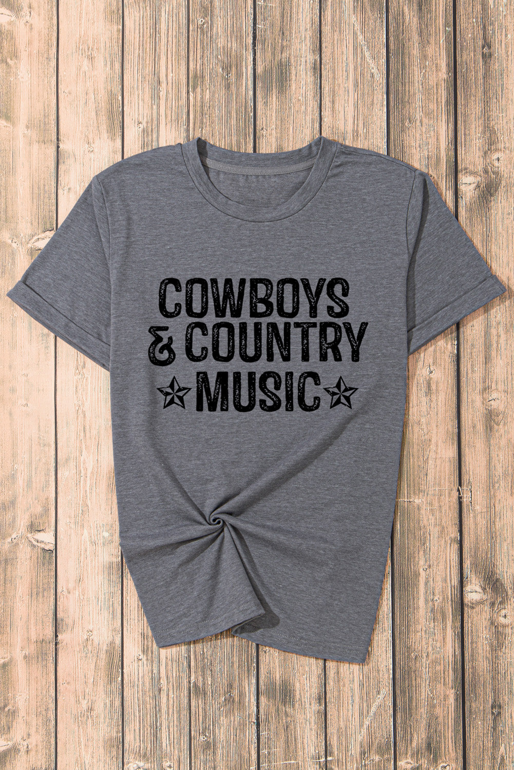 Gray graphic tee with "Cowboy & Country Music" text in bold black letters