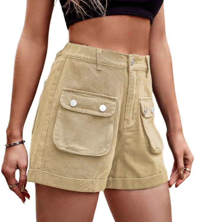 Shop the versatile Cuffed Denim Shorts in sand, green, or black. Perfect blend of style, comfort, and utility for your everyday adventures.