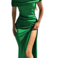 Elegant Split Ruched Off-Shoulder Dress in green, blue, black, and red. Perfect for any formal occasion to make a lasting impression.