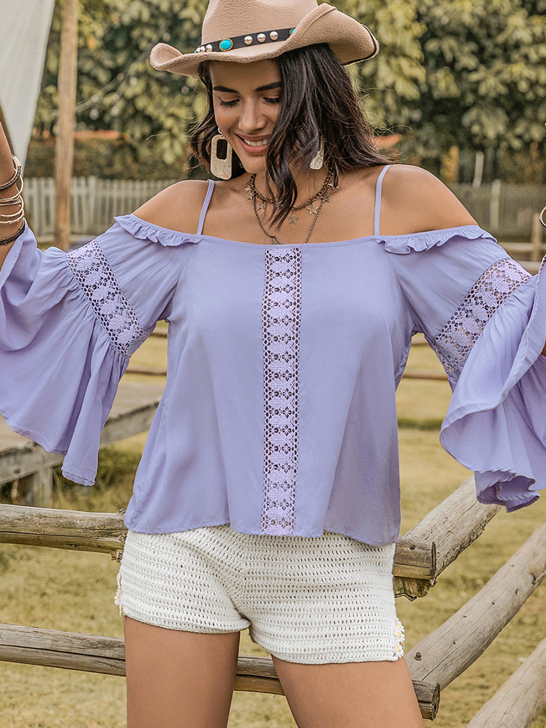 flowy spaghetti strap flare sleeve square neck blouse