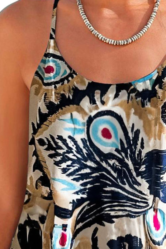 Boho chic sleeveless top with eye-catching print.