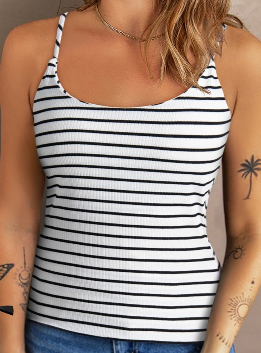 Classic black and white striped tank top, perfect for casual wear.