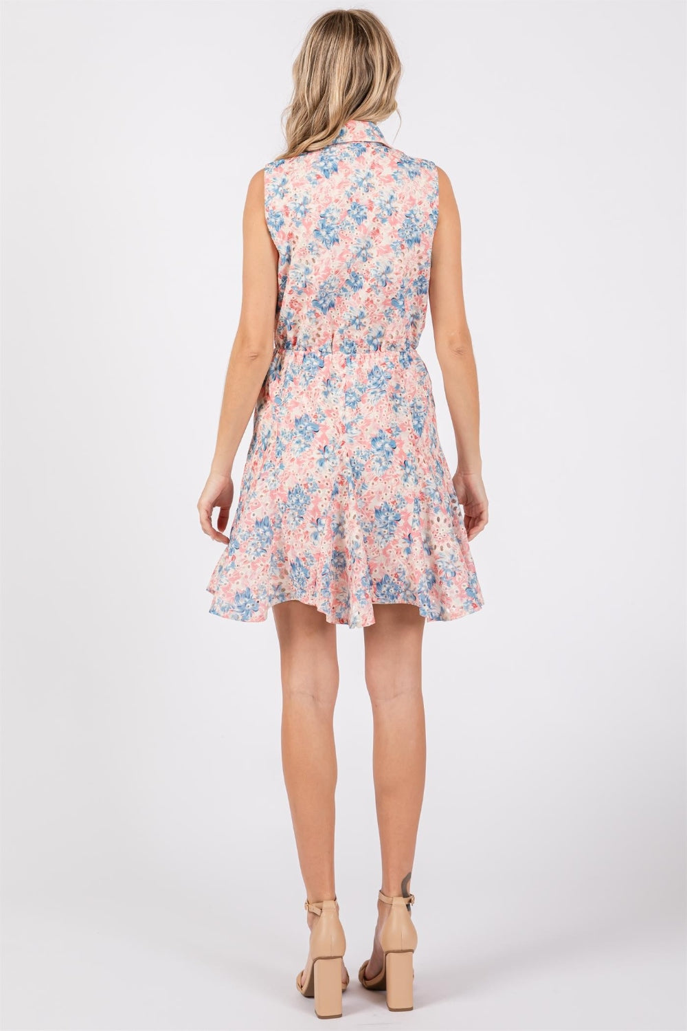 Floral Eyelet Sleeveless Mini Dress with Collar & Tie Waist