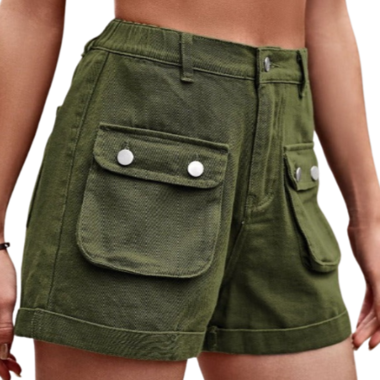 Shop the versatile Cuffed Denim Shorts in sand, green, or black. Perfect blend of style, comfort, and utility for your everyday adventures.