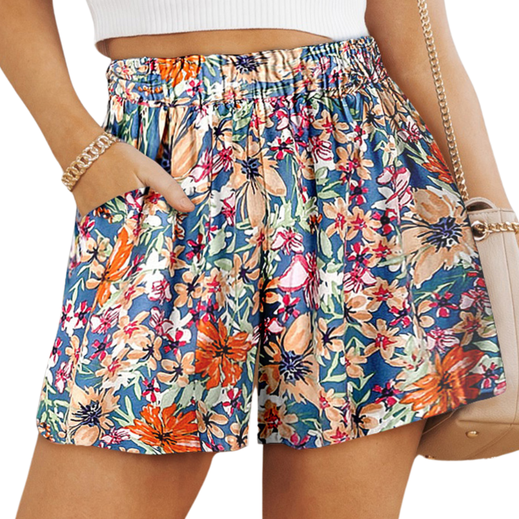 Stylish Floral High Waisted Shorts with pockets perfect for summer. Light fabric, vibrant colors, and versatile design for any occasion.