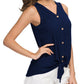 Navy sleeveless shirt featuring button-down front and tie detail