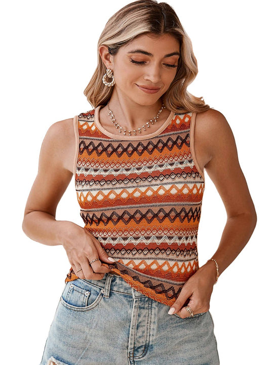 Sleeveless top with orange and brown geometric pattern