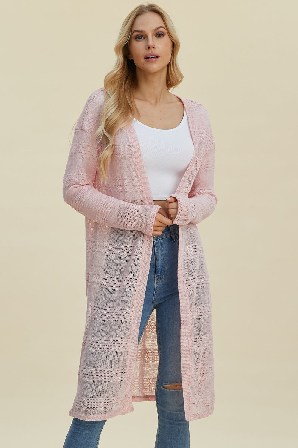 Pink Lightweight Longline Cardigan with Delicate Knit Pattern