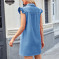 Chic denim dress with cap sleeves and ruffled neckline for a perfect blend of casual elegance and comfort.