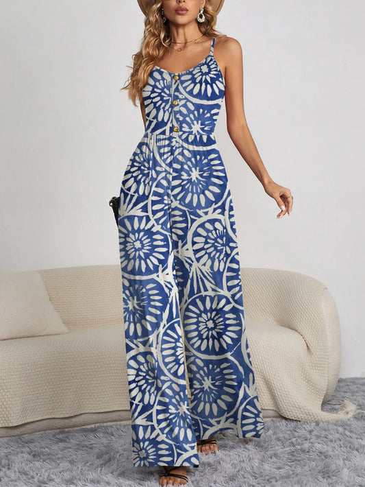 Elevate your style with our Decorative Button Spaghetti Strap Wide Leg Jumpsuit. Effortlessly chic, versatile, and available in 4 patterns/colors