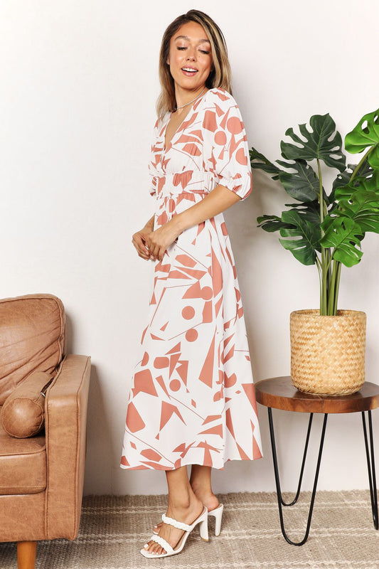 Printed Surplice Balloon Sleeve Midi Dress