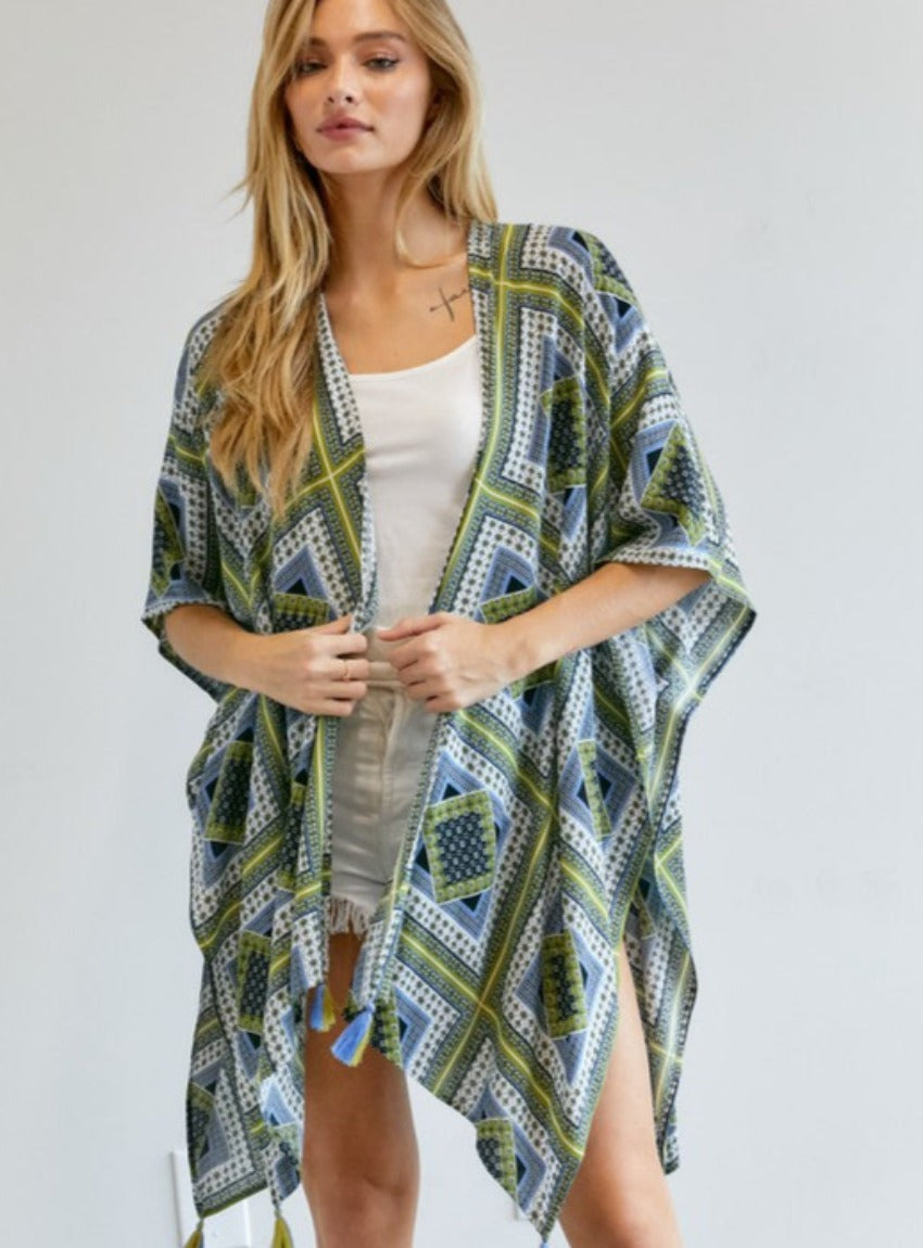 Blue and green lightweight kimono with vibrant geometric patterns