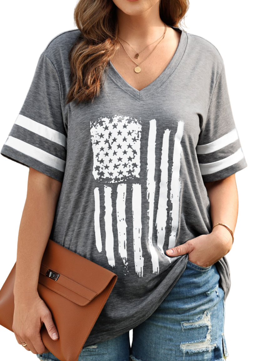 Stylish Plus Size V-Neck Tee with a bold US flag design, offering comfort and patriotism in a flattering fit for all occasions.