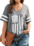 Stylish Plus Size V-Neck Tee with a bold US flag design, offering comfort and patriotism in a flattering fit for all occasions.