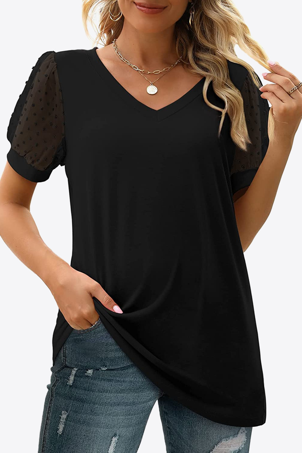 V-Neck Women's T-Shirt with Sheer Swiss Dot Puff Sleeves